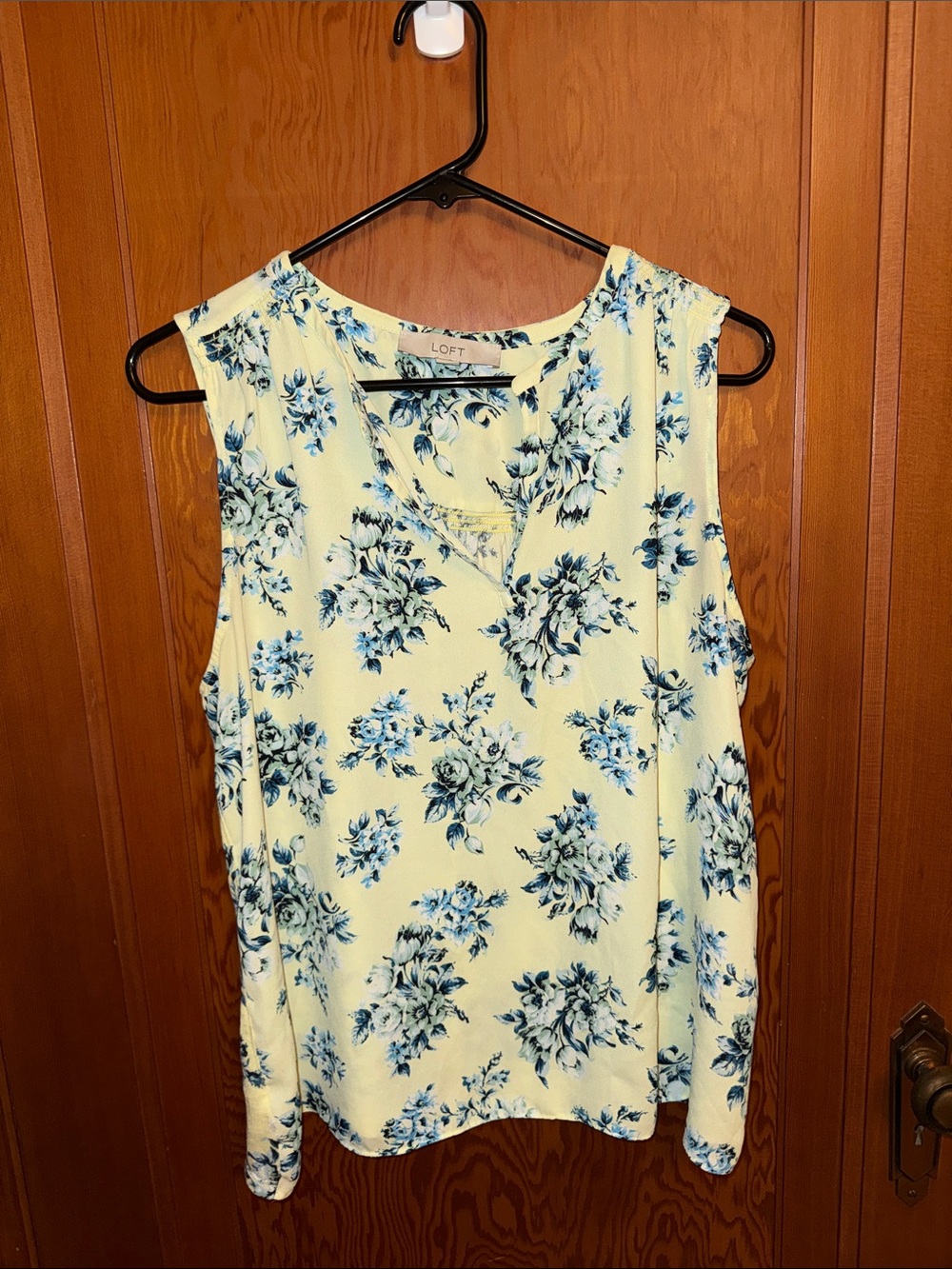 LOFT Cream Sleeveless V-Neck Tank with Blue Floral Print